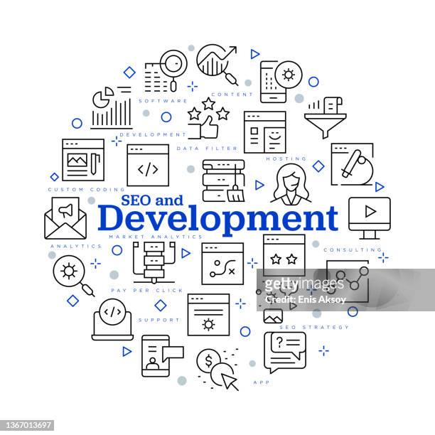 seo and development concept. vector design with icons and keywords. - web design stock illustrations