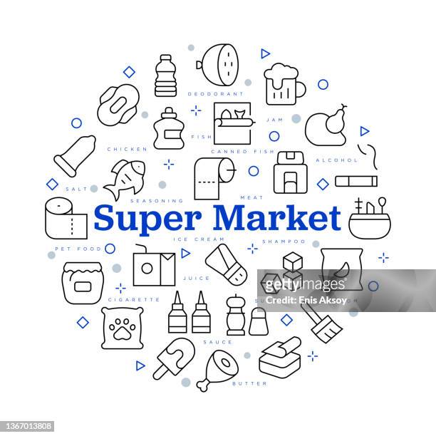 super market. vector design with icons and keywords. - frozen food supermarket stock illustrations