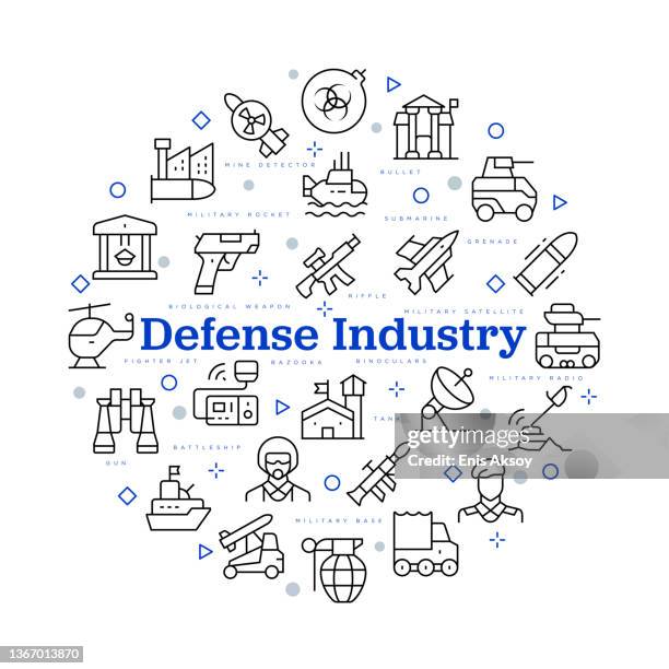 defense industry concept. vector design with icons and keywords. - military base icon stock illustrations