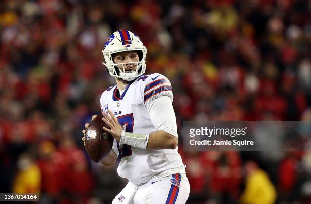 Quarterback Josh Allen of the Buffalo Bills looks to pass during the 4th quarter of the AFC Divisional Playoff game against the Kansas City Chiefs at...