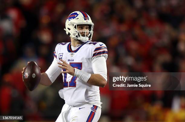 Quarterback Josh Allen of the Buffalo Bills looks to pass during the 4th quarter of the AFC Divisional Playoff game against the Kansas City Chiefs at...