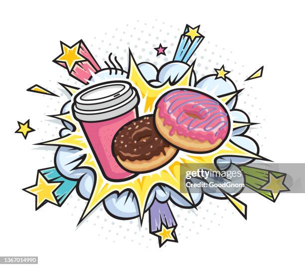 stockillustraties, clipart, cartoons en iconen met coffee and donuts explosion - street food cartoon
