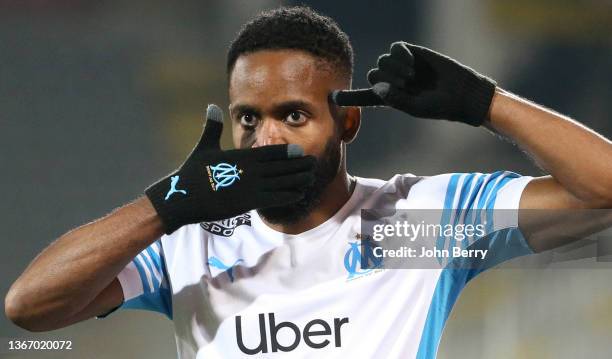 Cedric Bakambu of Marseille celebrates his goal during the Ligue 1 Uber Eats's game between RC Lens and Olympique de Marseille at Stade...