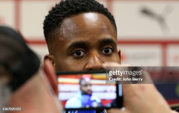 Cedric Bakambu of Marseille answers to the media during the post-match press conference following the Ligue 1 Uber Eats's game between RC Lens and...