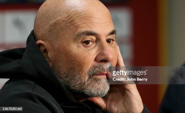 Coach of Olympique de Marseille Jorge Sampaoli answers to the media during the post-match press conference following the Ligue 1 Uber Eats's game...