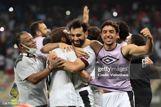 Mo Salah of Egypt celebrates after winning the Africa Cup of Nations 2021 round of 16 football match between Ivory Coast and Egypt at Stade de Japoma...