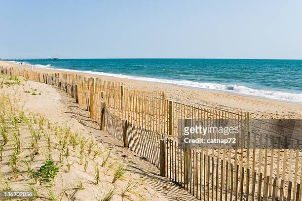 strand von zäunen und sommer morgen surfen, outer banks - beach fence stock-fotos und bilder