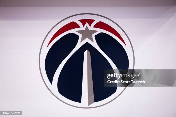 General view of the Washington Wizards logo near the court during the game between the Washington Wizards and the Boston Celtics at Capital One Arena...