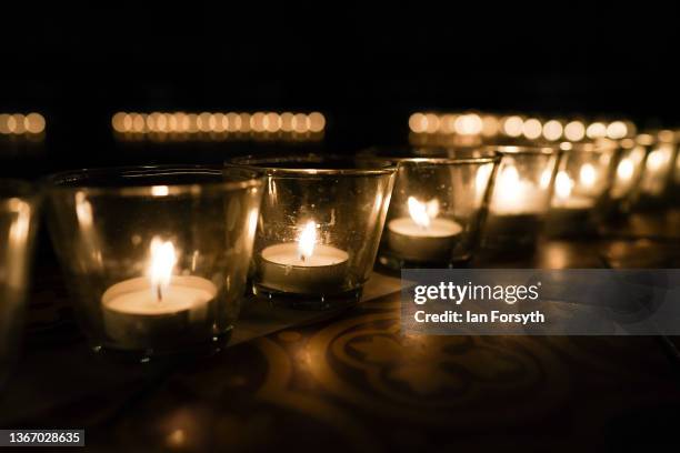 Over 600 candles are arranged in the shape of the Star of David on the floor of the Chapter House of York Minster, lit by members of the congregation...