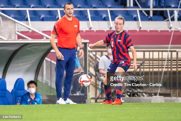 Vlatko Andonovski, head coach of the United States women's national soccer team on the sideline watching Emily Sonnett of United States during the...