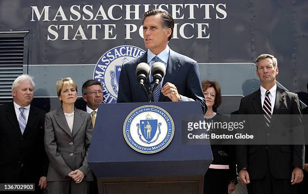 Gov. Mitt Romney speaks outside the new space for the State Crime Lab, which conducts forensic analysis for district attorneys and state and...
