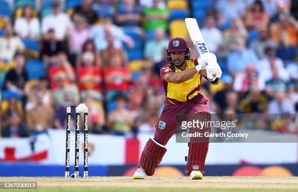 Brandon King of West Indies plays a shot during the T20 International Series Third T20I match between the West Indies and England at Kensington Oval...