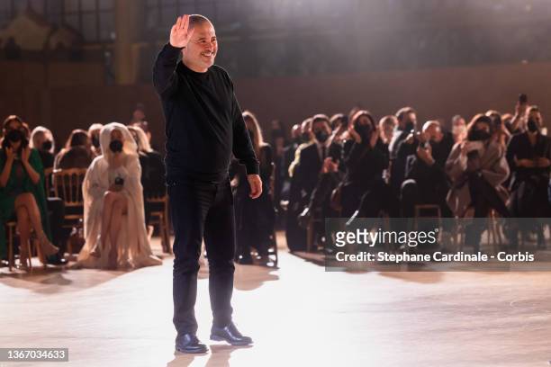 Fashion designer Elie Saab walks the runway during the Elie Saab Haute Couture Spring/Summer 2022 show as part of Paris Fashion Week on January 26,...