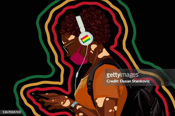 stockillustraties, clipart, cartoons en iconen met young african woman listens to music - african american woman