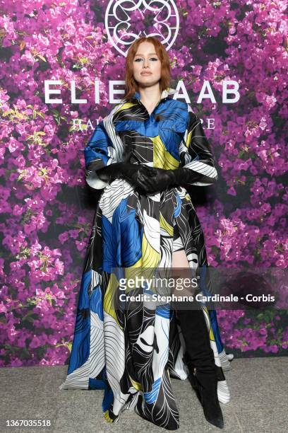 Actress Madelaine Petsch attends the Elie Saab Haute Couture Spring/Summer 2022 show as part of Paris Fashion Week at Le Carreau Du Temple on January...