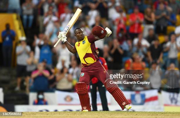 Rovman Powell of West Indies celebrates their century during the T20 International Series Third T20I match between the West Indies and England at...