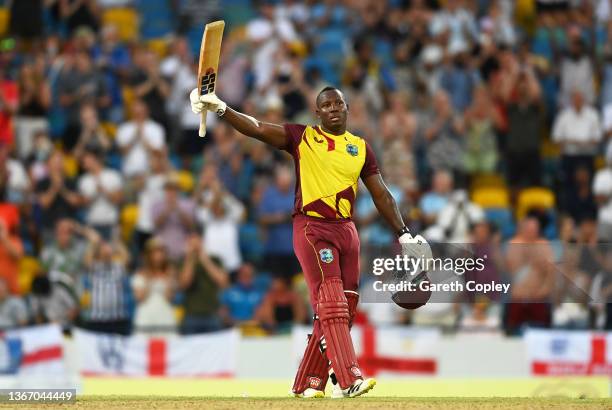 Rovman Powell of West Indies celebrates their century during the T20 International Series Third T20I match between the West Indies and England at...