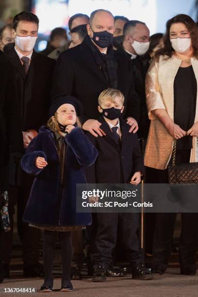 Louis Ducruet, Prince Albert II of Monaco, Melanie Antoinette De Massy, Princess Gabriella of Monaco and Prince Jacques of Monaco attend the ceremony...