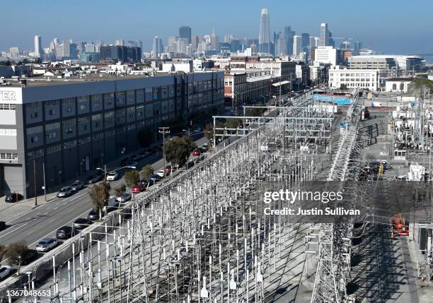 In an aerial view, a Pacific Gas & Electric electrical substation is visible in front of the city skyline on January 26, 2022 in San Francisco,...