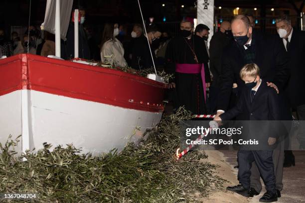 Prince Albert II of Monaco and Prince Jacques of Monaco attend the ceremony of Sainte-Devote on January 26, 2022 in Monaco, Monaco.