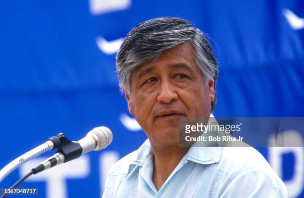 McFARLAND, CALIFORNIA United Farm Workers President Cesar Chavez during a farm workers support walk and speech, June 4, 1988 in McFarland, California.