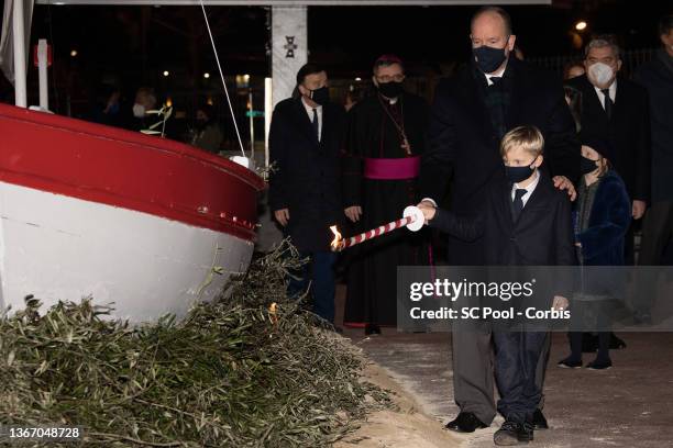 Prince Albert II of Monaco and Prince Jacques of Monaco attend the ceremony of Sainte-Devote on January 26, 2022 in Monaco, Monaco.