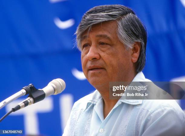 McFARLAND, CALIFORNIA United Farm Workers President Cesar Chavez during a farm workers support walk and speech, June 4, 1988 in McFarland, California.