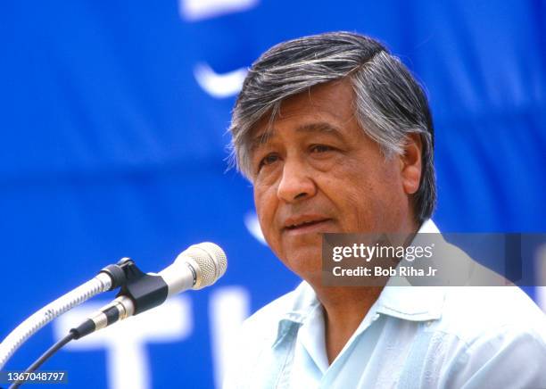 McFARLAND, CALIFORNIA United Farm Workers President Cesar Chavez during a farm workers support walk and speech, June 4, 1988 in McFarland, California.