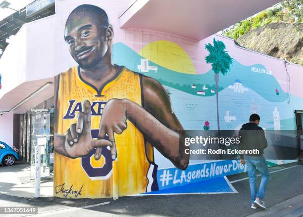 Kobe Bryan mural by MuckRock is seen as Kobe Bryant is remembered on the second anniversary of his death on January 26, 2022 in Los Angeles,...