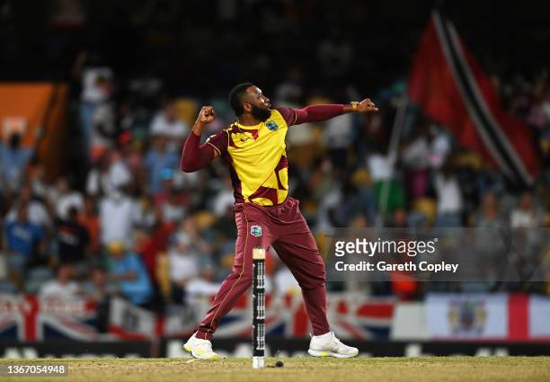 Kieron Pollard of West Indies celebrates the wicket of Tom Banton of England during the T20 International Series Third T20I match between the West...