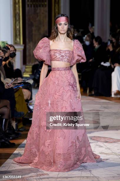 Model walks the runway during the Zuhair Murad Haute Couture Spring/Summer 2022 show as part of Paris Fashion Week on January 26, 2022 in Paris,...