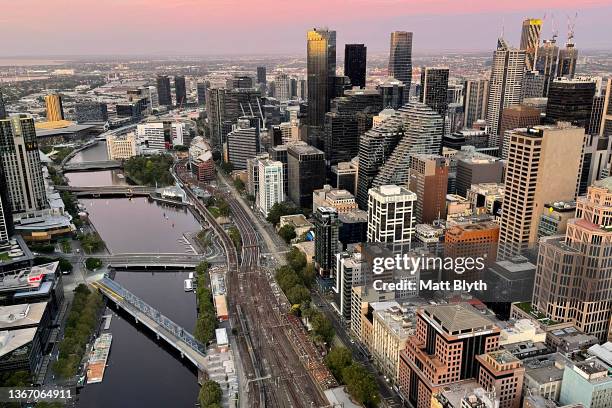 An aerial view of the Melbourne CBD and the Yarra River taken from a hot air balloon on January 24, 2022 in Melbourne, Australia.