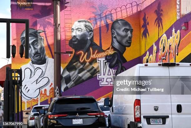 Mural of Tupac Shakur, Nipsey Hussle and Kobe Bryant by Price Goodman and Myinkflow is seen on the second anniversary of Bryant's death on January...