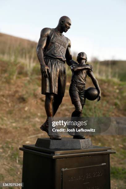 Bronze sculpture of Kobe Bryant and Gianna Bryant by artist Dan Medina is on display on January 26, 2022 in Calabasas, California. The sculpture is a...