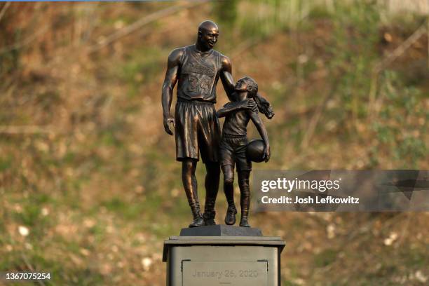 Bronze sculpture of Kobe Bryant and Gianna Bryant by artist Dan Medina is on display on January 26, 2022 in Calabasas, California. The sculpture is a...