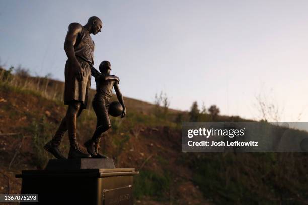 Bronze sculpture of Kobe Bryant and Gianna Bryant by artist Dan Medina is on display on January 26, 2022 in Calabasas, California. The sculpture is a...