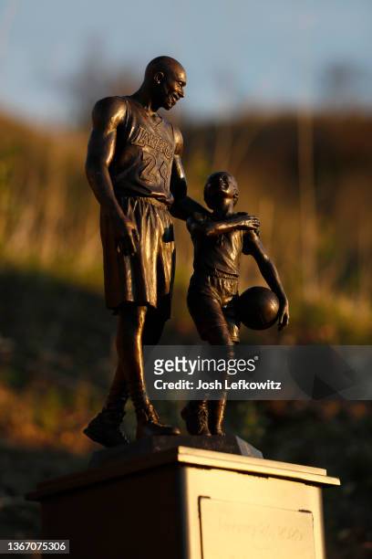Bronze sculpture of Kobe Bryant and Gianna Bryant by artist Dan Medina is on display on January 26, 2022 in Calabasas, California. The sculpture is a...