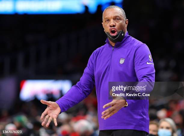 Head coach Alvin Gentry of the Sacramento Kings reacts against the Atlanta Hawks during the second half at State Farm Arena on January 26, 2022 in...
