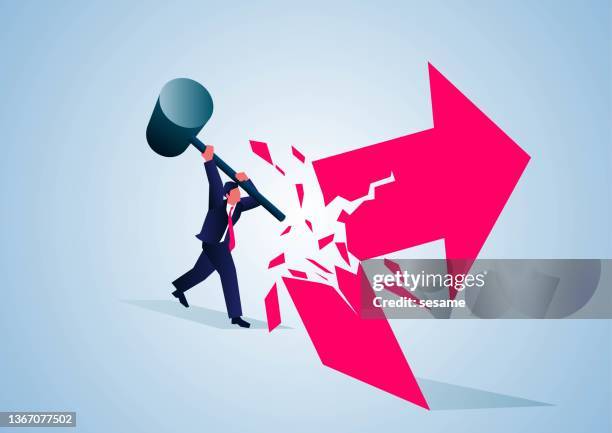businessman holding hammer destroys growing arrow, business concept illustration - defeat stock illustrations