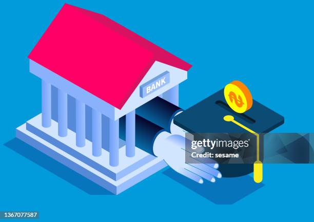 ilustraciones, imágenes clip art, dibujos animados e iconos de stock de préstamo de subvención y préstamo de inversión en educación, banco isométrico dentro de la mano extendiendo y sosteniendo el límite de soltero - pago de matrícula