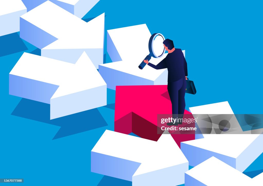 Exploring to find different directions, isometric businessman holding magnifying glass and looking at red arrows in different directions