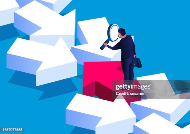 exploring to find different directions, isometric businessman holding magnifying glass and looking at red arrows in different directions - guidance stock illustrations