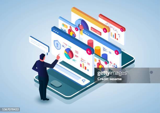 data search and analysis, businessman searching data web page on smartphone - man reading tablet stock illustrations