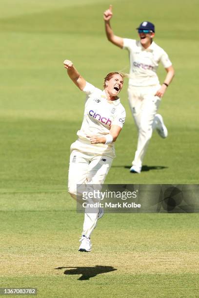 Katherine Brunt of England celebrates taking the wicket of Rachael Haynes of Australia during day one of the Women's Test match in the Ashes series...