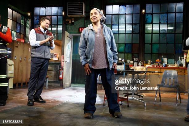 Brandon J. Dirden and Phylicia Rashad bow during the curtain call at the "Skeleton Crew" opening night at Samuel J. Friedman Theatre on January 26,...