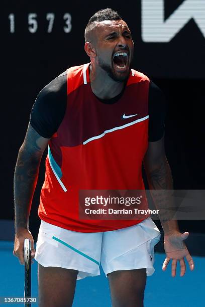 Nick Kyrgios of Australia celebrates in his Men's Doubles Semifinals match with Thanasi Kokkinakis of Australia against Marcel Granollers of Spain...