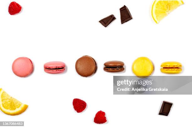 colorful french macarons isolated on white background. macaroon cookies - macaroon photos et images de collection