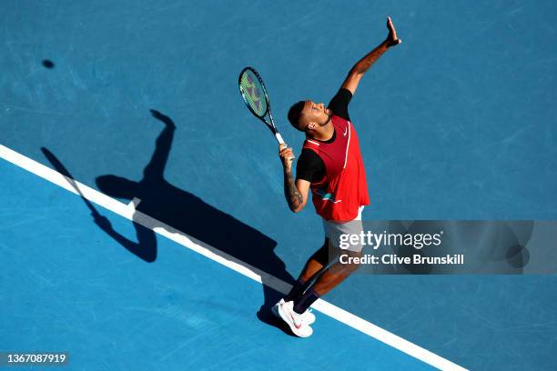 Nick Kyrgios of Australia serves in his Men's Doubles Semifinals match with Thanasi Kokkinakis of Australia against Marcel Granollers of Spain and...
