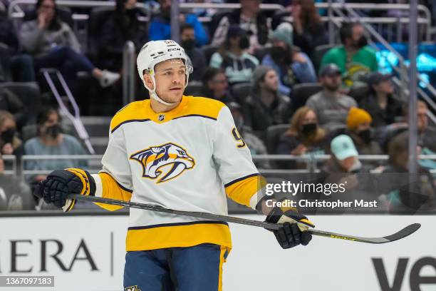 Mark Borowiecki of the Nashville Predators looks back at the bench during the first period of a game between the Nashville Predators and the Seattle...