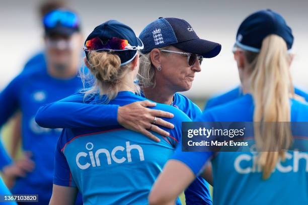 England coach Lisa Keightley hugs Charlie Dean on making her debut before day one of the Women's Test match in the Ashes series between Australia and...
